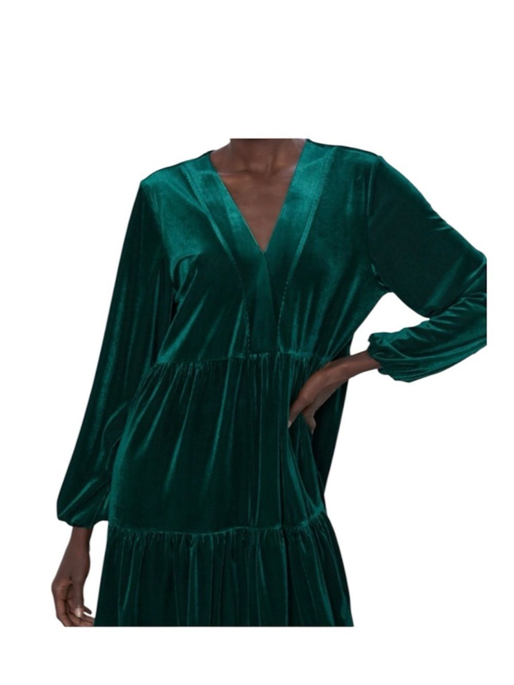 Zara Deep Emerald Velvet V-Neck Tiered Mini Dress EUC